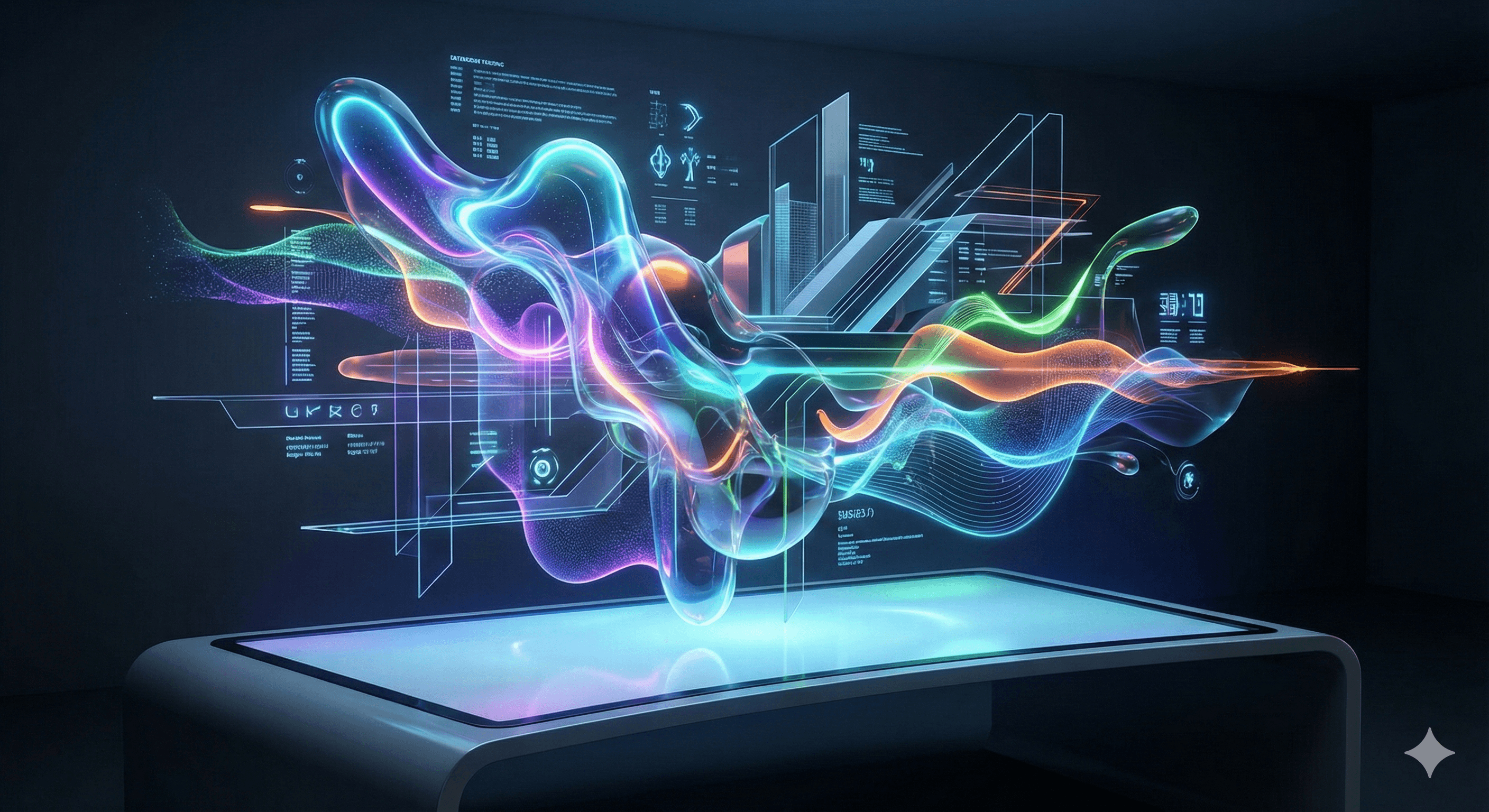 Futuristisch webdesign concept dat de digitale trends van 2025 visualiseert met 3D-elementen en AI-invloeden.