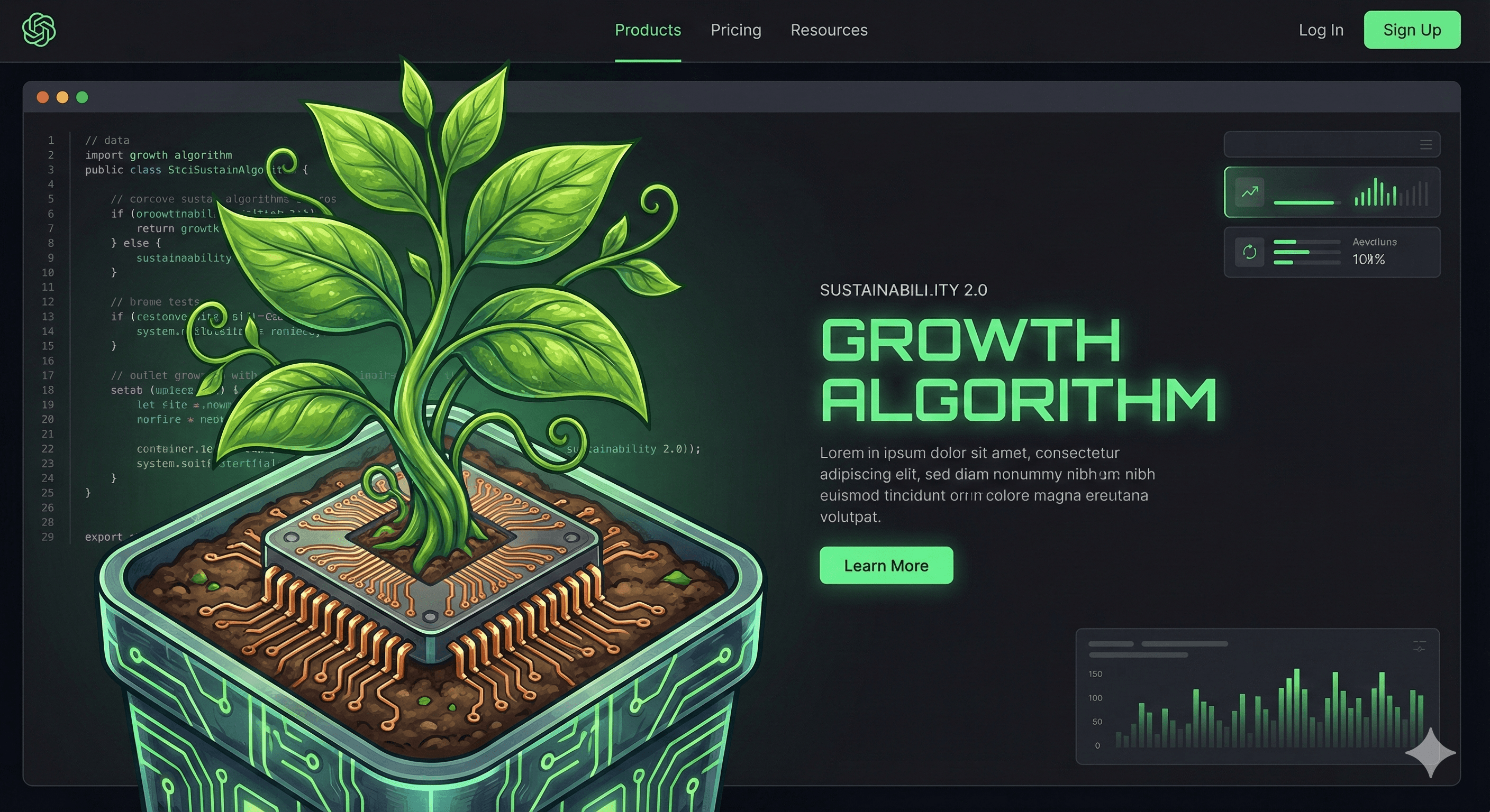 Concept van duurzaam webdesign dat technologie combineert met ecologisch bewustzijn en energiebesparing.