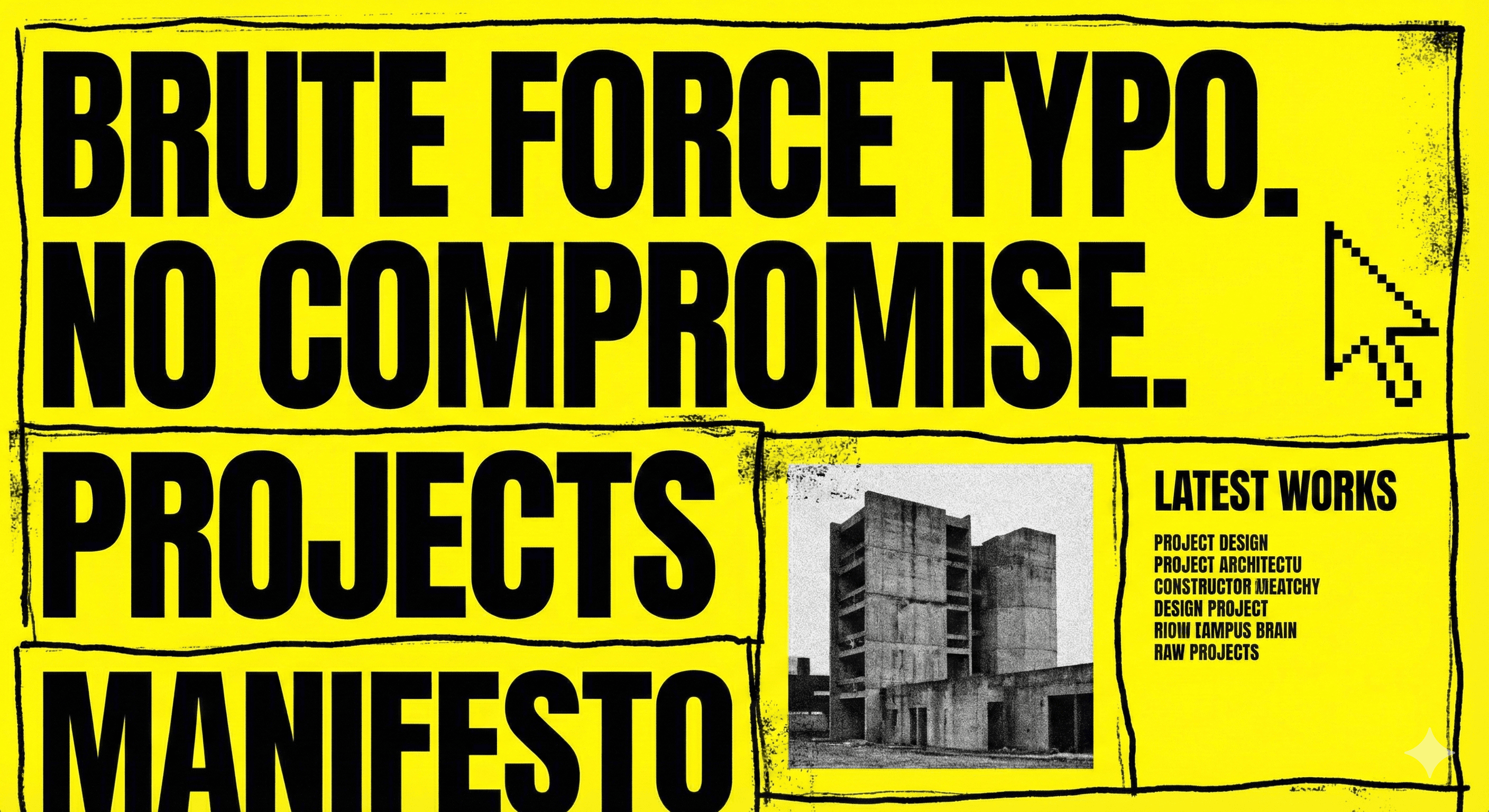 Voorbeeld van Neo-Brutalisme webdesign met oversized typografie en een hoog contrast kleurenpalet.