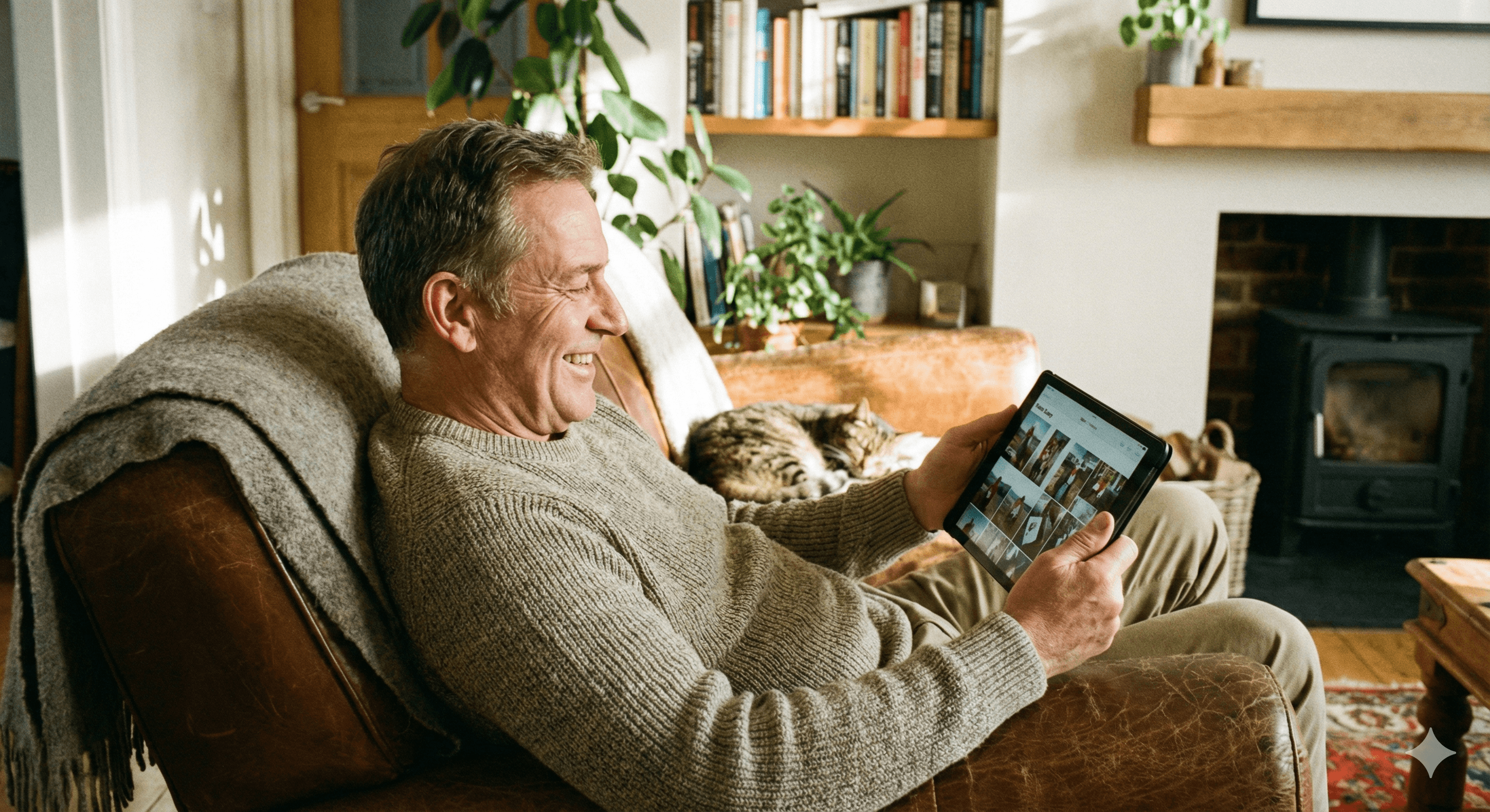 Tevreden gebruiker ervaart een snelle en duidelijke website op een tablet.