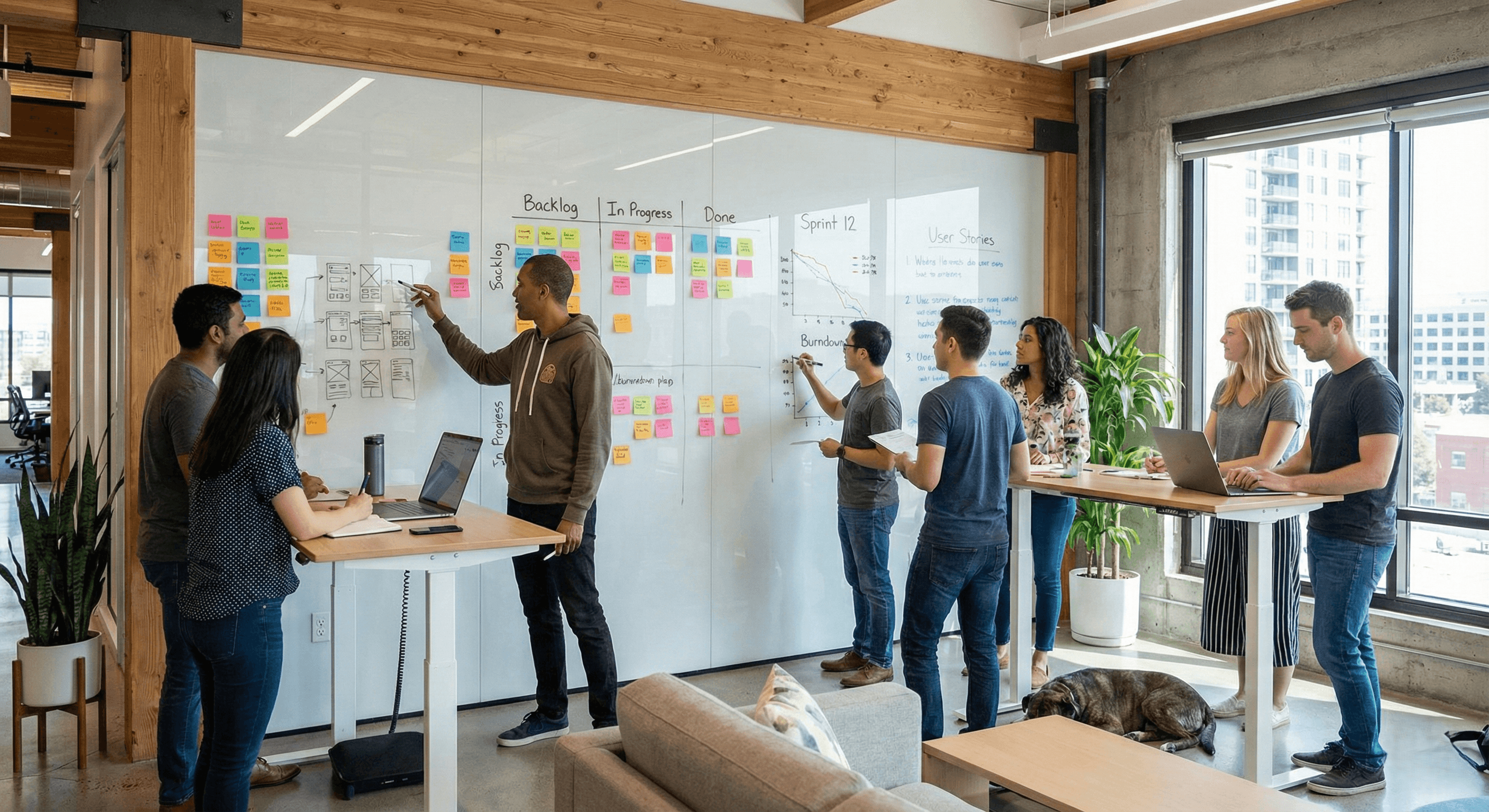 Professioneel app ontwikkelteam in overleg tijdens een scrum meeting.