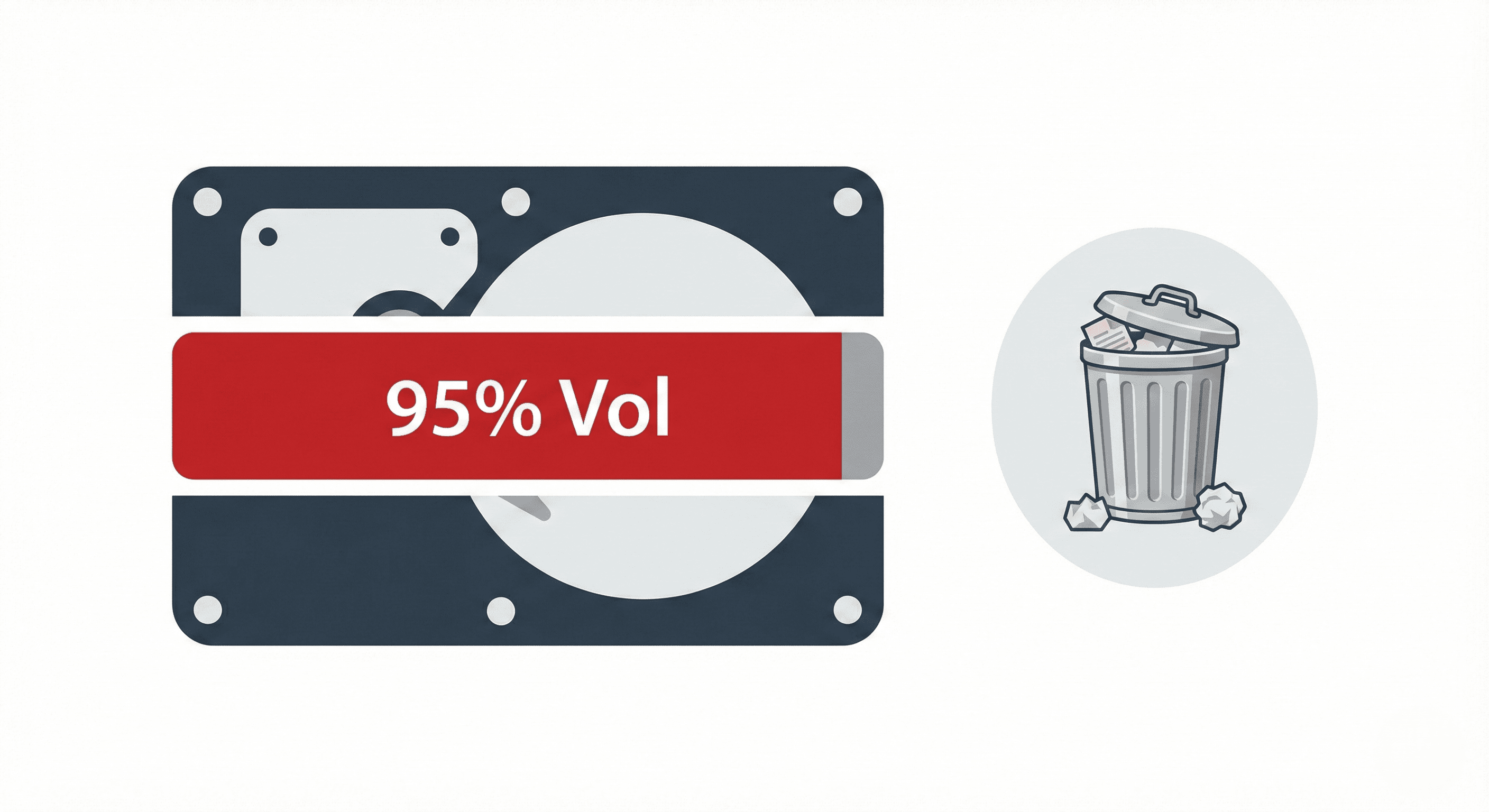 Volle harde schijf met rode balk en prullenbak icoon.
