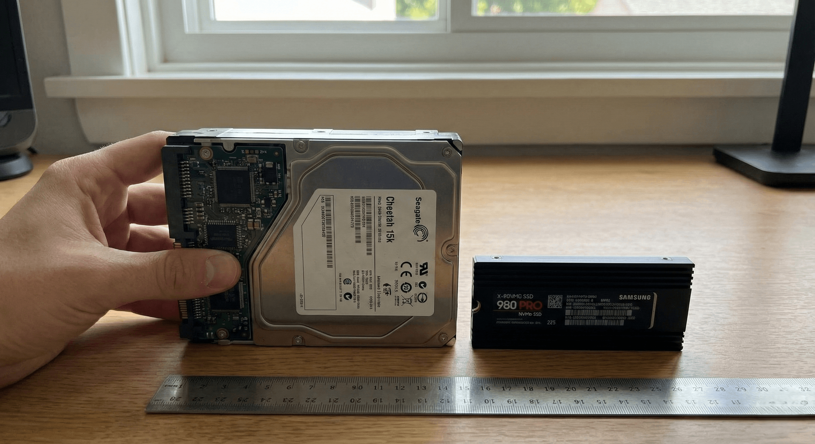 Vergelijking tussen een oude HDD harde schijf en een snelle SSD.