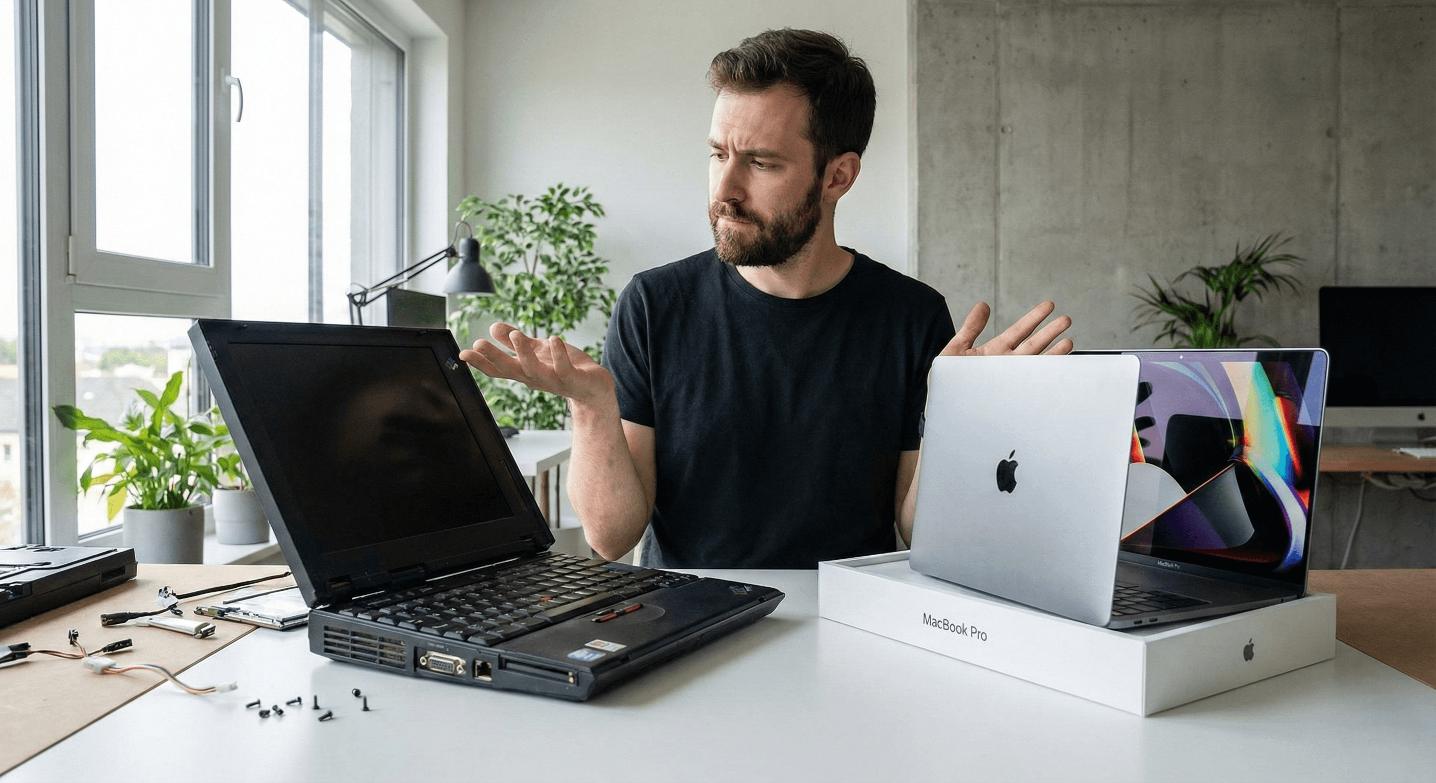 Oude laptop repareren versus nieuwe laptop kopen vergelijking op een bureau.