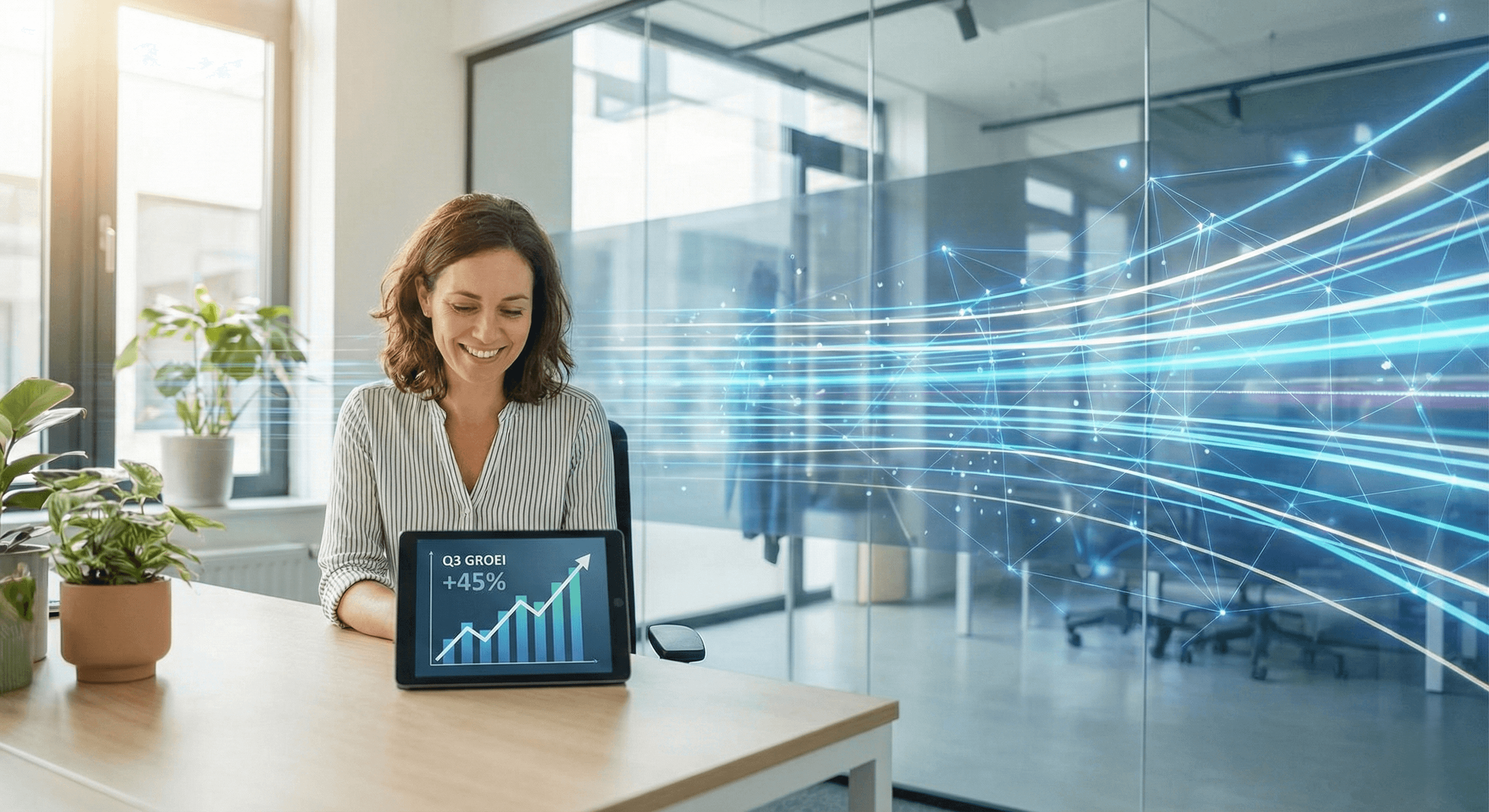 Een zakelijke professional die geniet van de voordelen van geautomatiseerde bedrijfsprocessen via software.