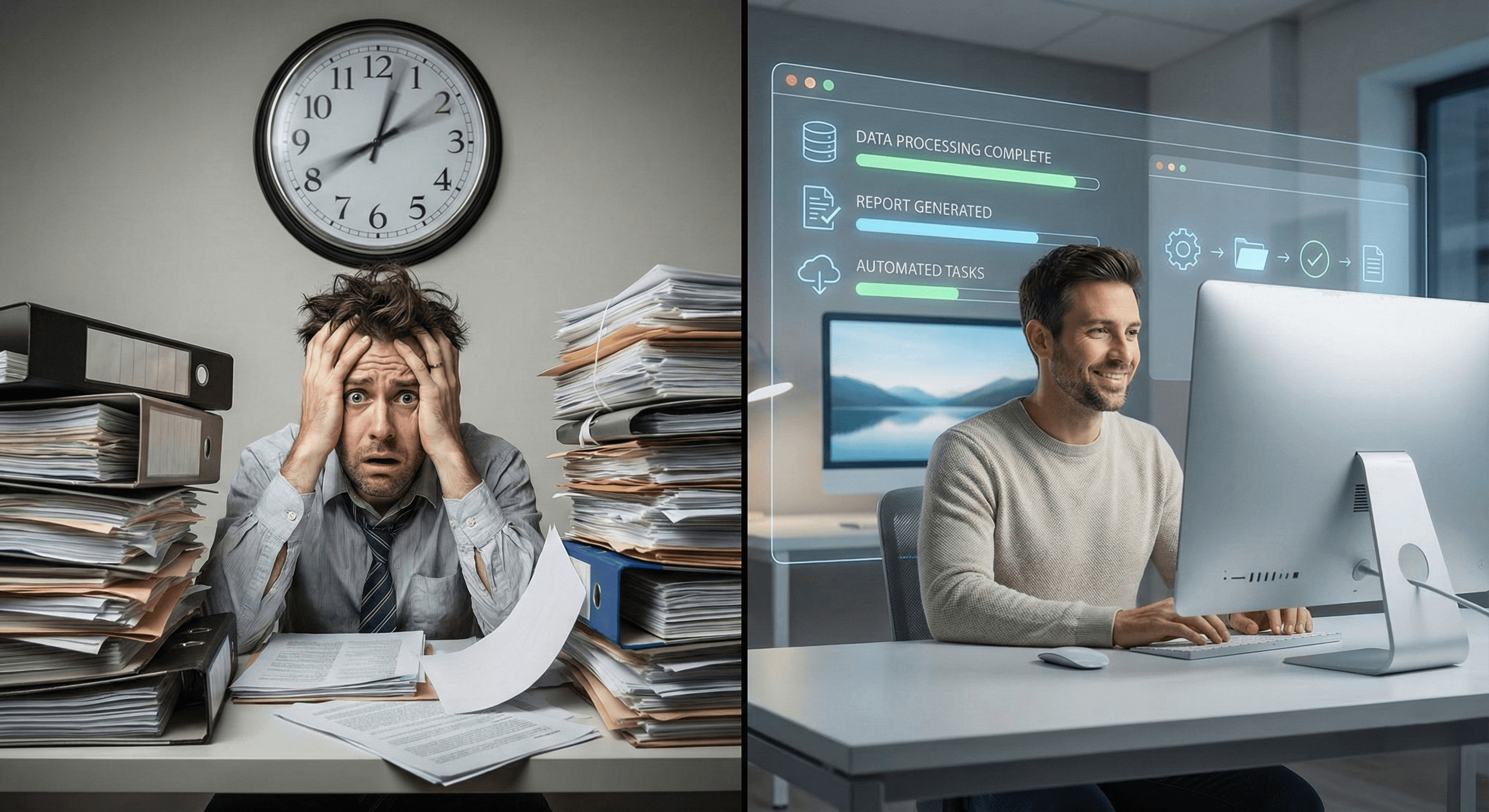 Vergelijking tussen stressvol handmatig werk en efficiënte geautomatiseerde processen.