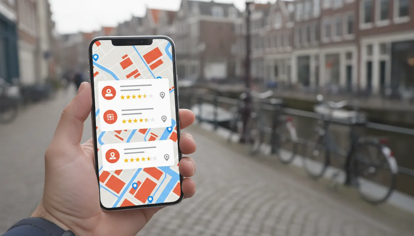 Lokale SEO: smartphone met Google Maps local pack resultaten voor een lokaal bedrijf in de regio Utrecht