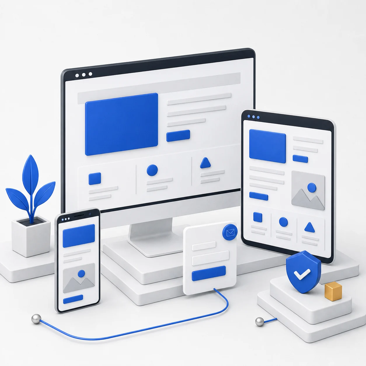 Illustratie van een professionele website op desktop, tablet en mobiel