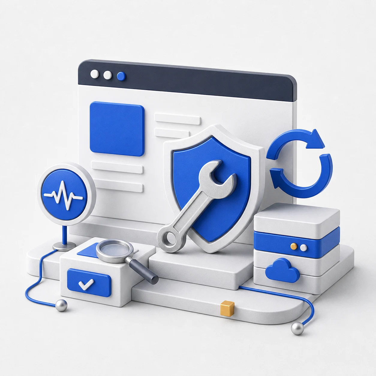 Illustratie van websiteonderhoud met updates, beveiliging en back-ups