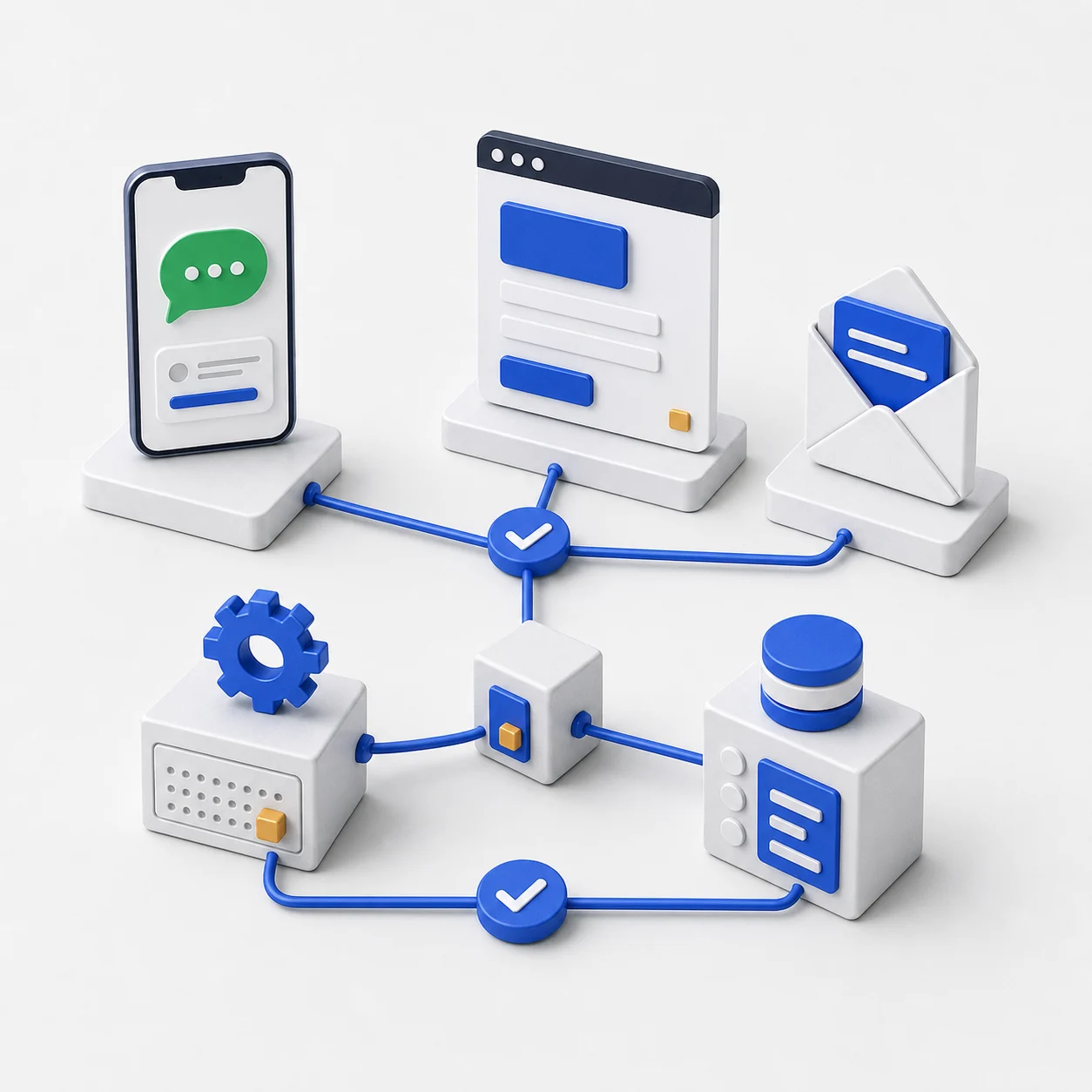 Illustratie van een workflow tussen berichten, website, e-mail en bedrijfssystemen